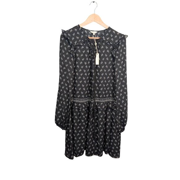 NWT Max Studio Womens Medium Midi Dress Black Long Sleeve Drop Waist Ruffle Trim - Picture 2 of 13